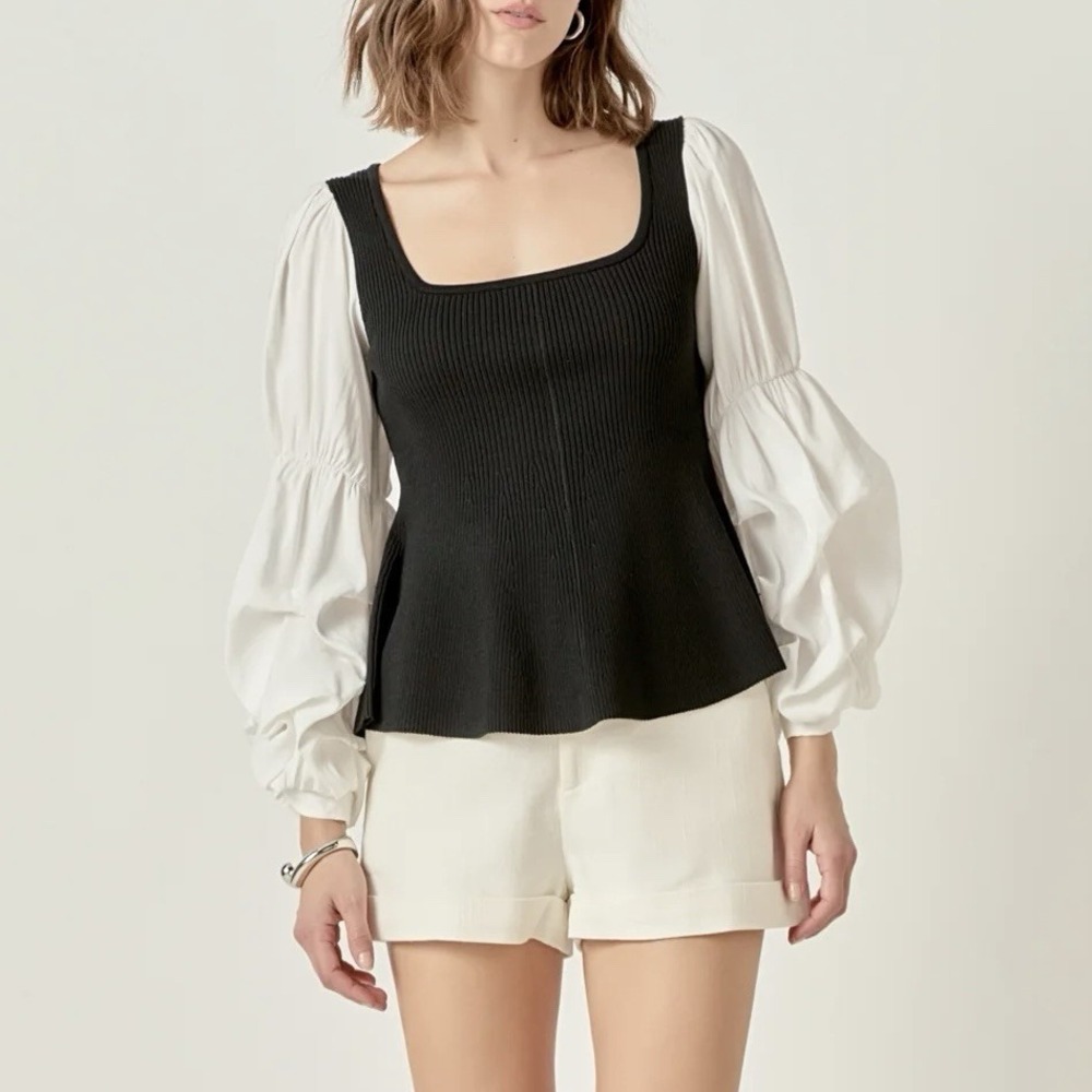 English Factory Black Mixed Media Puff Sleeve Knit Top Peplum Long Sleeve Sz S